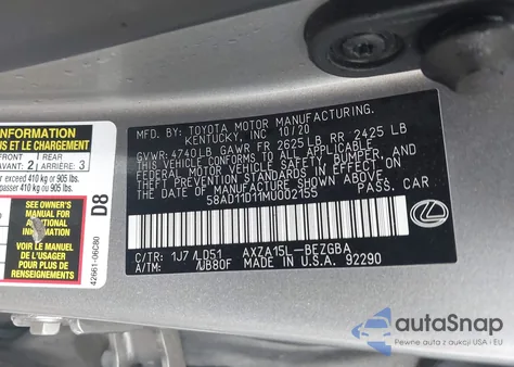 2021 Lexus Es 250 z USA, uszkodzony, nr VIN 58AD11D11MU002155